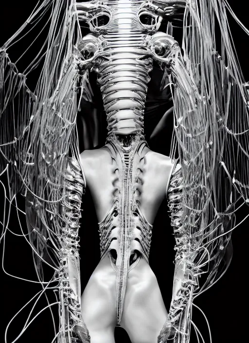 Prompt: walking down the catwalk, steven klein, show, stage, vogue photo, podium, fashion show photo, iris van herpen, beautiful woman, full body shot, masterpiece, inflateble shapes, alien, giger, plant predator, guyver, jellyfish, wires, veins, white biomechanical details, wearing epic bionic cyborg implants, highly detailed