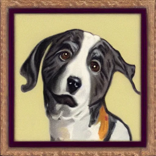 Image similar to painted wooden frame, elegant, 1 9 2 0 s, for a square picture of a happy dog. the frame is ornate and has room for the name tag of the dog. digital art
