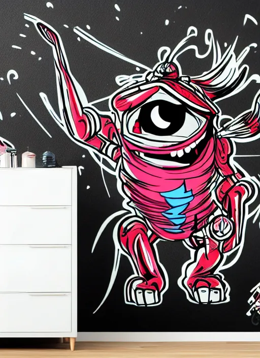 Prompt: beautiful graffiti monsters with a tank turret for arm and black frame door in side on black background paper