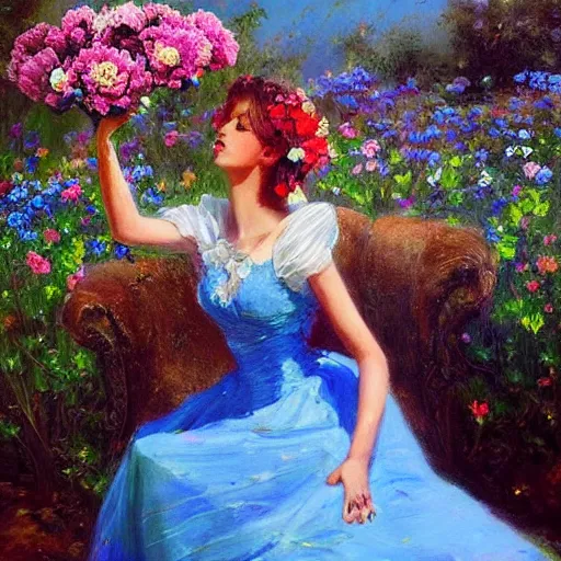 Image similar to a portrait of a romantic woman with flowers grow out of hair, roses peonies forget-me-nots dahlias lupins gladioli, sky theme in background, by Alexandr Averin, Digital Art, Trending on artstation