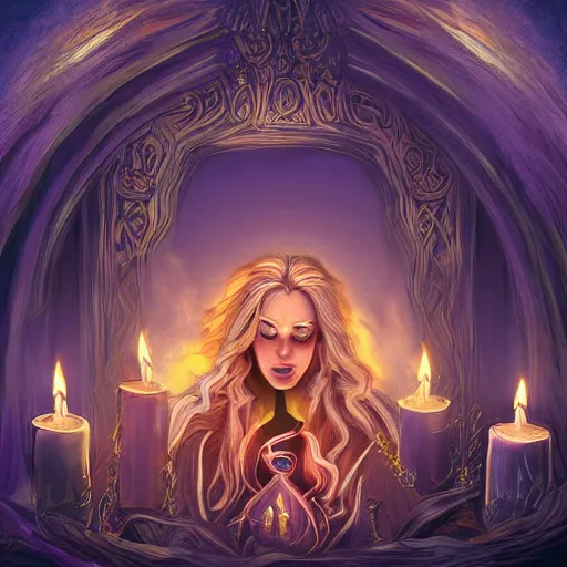 Prompt: High fantasy scene of a sorceress with long blonde hair surrounded by hooded figures and candles; digital art