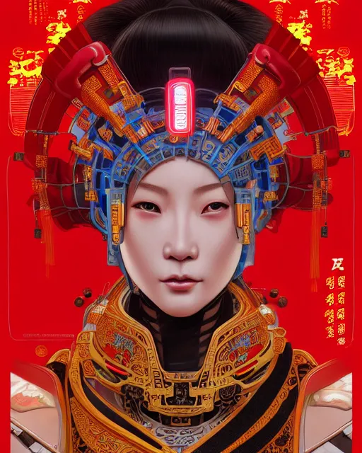 Image similar to portrait of a chinese cyberpunk machine, machine face, robed, upper half portrait, decorated with chinese opera motifs regal royal fierce machine robot cyberpunk fine china, wuxia, traditional chinese art intricate intense elegant highly detailed digital painting artstation concept art smooth sharp focus illustration, art by artgerm and greg rutkowski alphonse mucha 8 k