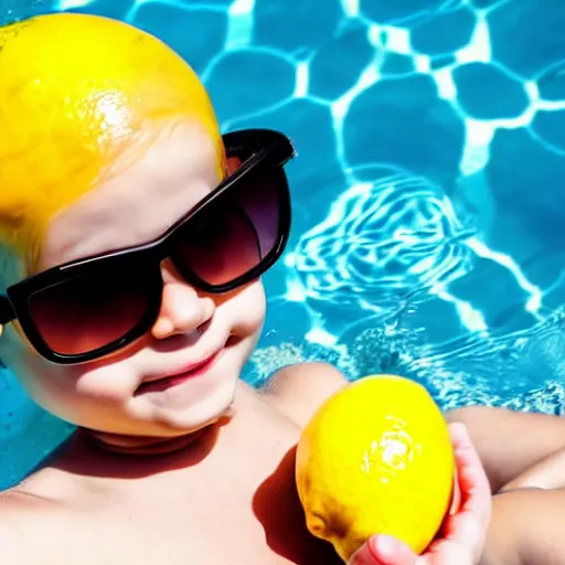 Prompt: lemon with sunglasses playing in the pool