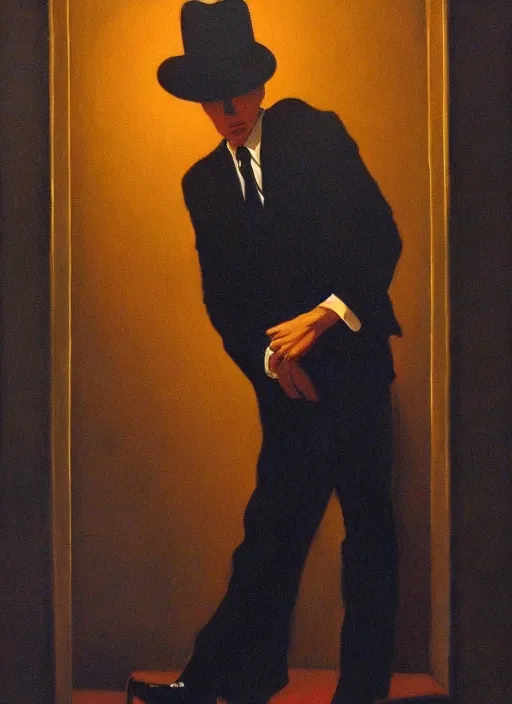 Prompt: a portrait of an elegant man in an expensive suit wearing a hat highly detailed, dramatic lighting, intense shadows, rich deep colours, by jack vettriano