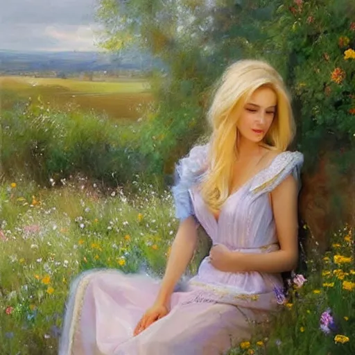 Prompt: mysterious blonde woman in hot dress in the swedish countryside, freedom, scenic, beautiful, masterpiece, highly detailed, painting by vladimir volegov