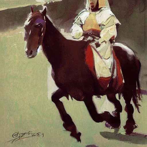 Prompt: portrait of horse wearing caparisons, medieval joust by greg manchess, bernie fuchs, walter everett, lost edges