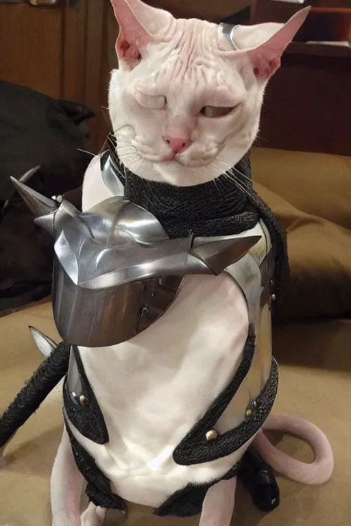 Prompt: hairless cat wearing samurai armor, subtle detail, beautiful