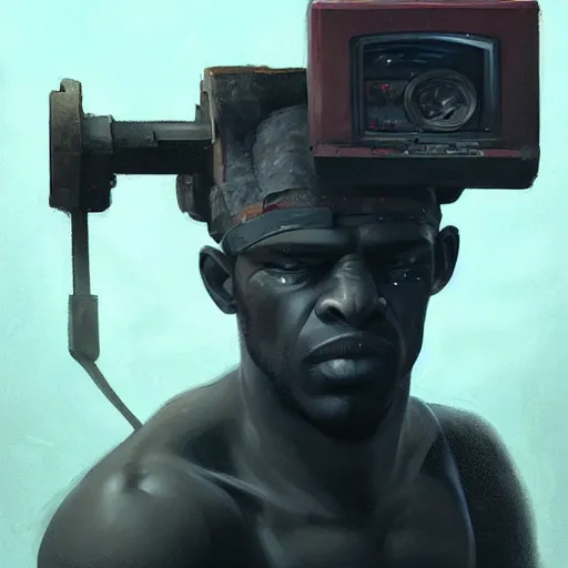 Image similar to artwork of a tv - headed muscular blacksmith man with a tv on his head, cool style, concept art, super detailed, 4 k hd, trending on artstation, digital painted, low contrast, made by greg rutkowski and viktoria gavrilenko