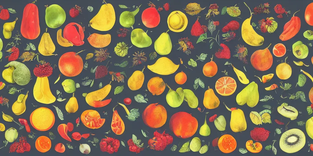 Prompt: full color page scan of various vintage imaginal fruit illustrations on black background, in matte painting, 2 d, kitbash, 4 k