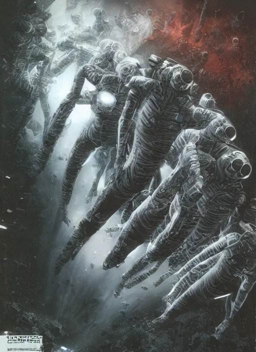 Image similar to astronauts in dark void underwater - complex and hyperdetailed technical suit. reflection and dispersion materials. rays and dispersion of light. volumetric light. f / 3 2. noise film photo. flash photography. ultra realistic, wide angle. poster by wayne barlowe, hajime sorayama aaron horkey, craig mullins