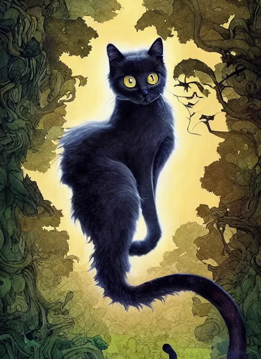 Image similar to a hyper realistic ink cat and the meaning of life and sunbeams blue sky, lush forest poster art by chiara bautista and kim jung giu and norman rockwell and greg rutkowski weta studio, and lucasfilm