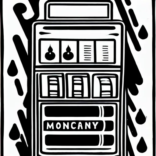 Image similar to book illustration of a slot machine, book illustration, monochromatic, white background, black and white image