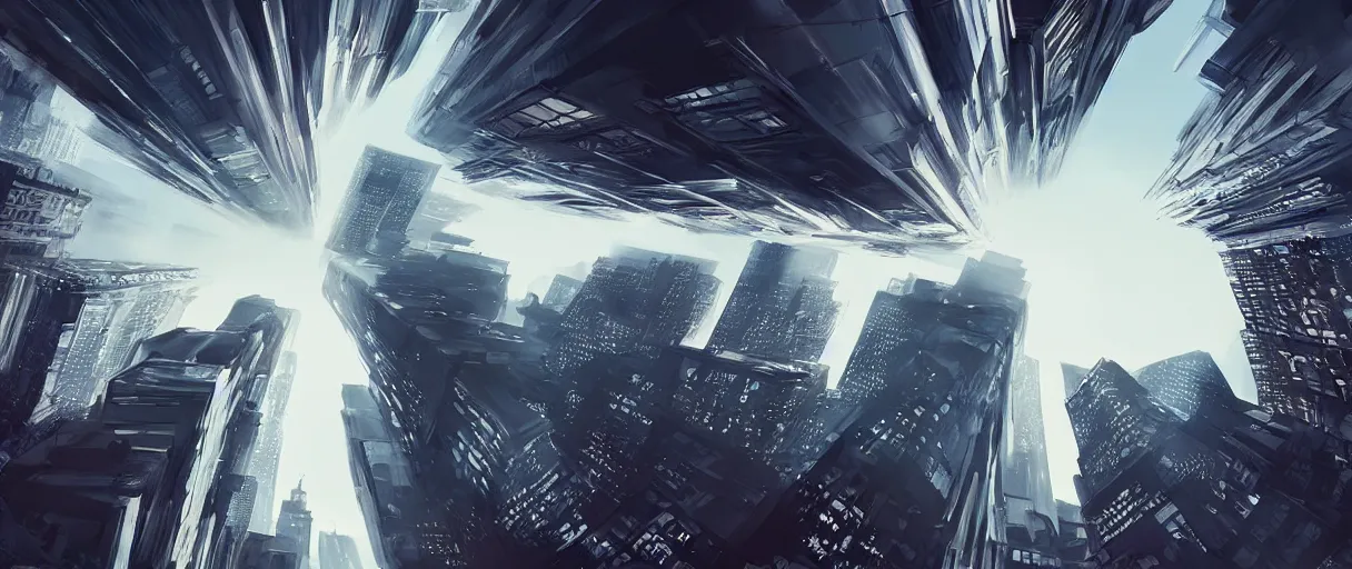 Image similar to huge modern downtown city, billboards, Times Square, dark, concept art, digital painting, style of Ian Hubert, warm lighting, futuristic, volumetric lighting, view from below, daytime, godrays , high detail