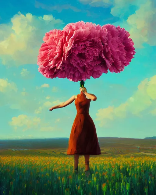 Image similar to girl with a giant carnation head, surreal photography, flower field, sunset dramatic light, impressionist painting, colorful clouds, blue sky, digital painting, artstation, simon stalenhag