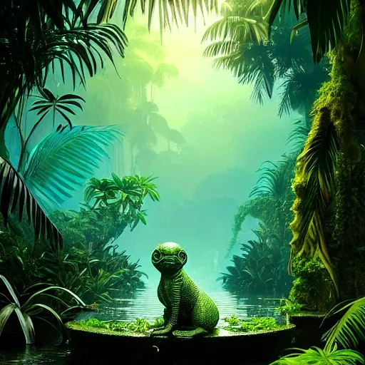 Image similar to creature in a lush tropical vegetation, water reflection, night, backlit : : by michal karcz, daniel merriam, victo ngai and guillermo del toro : : ornate, dynamic, particulate, intricate, elegant, highly detailed, centered, artstation, smooth, sharp focus, octane render, 3 d