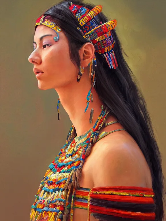 Prompt: an ultradetailed beautiful portrait painting of a girl as an aztec priestess, side view, oil painting, high resolution, by ilya kuvshinov, greg rutkowski and makoto shinkai