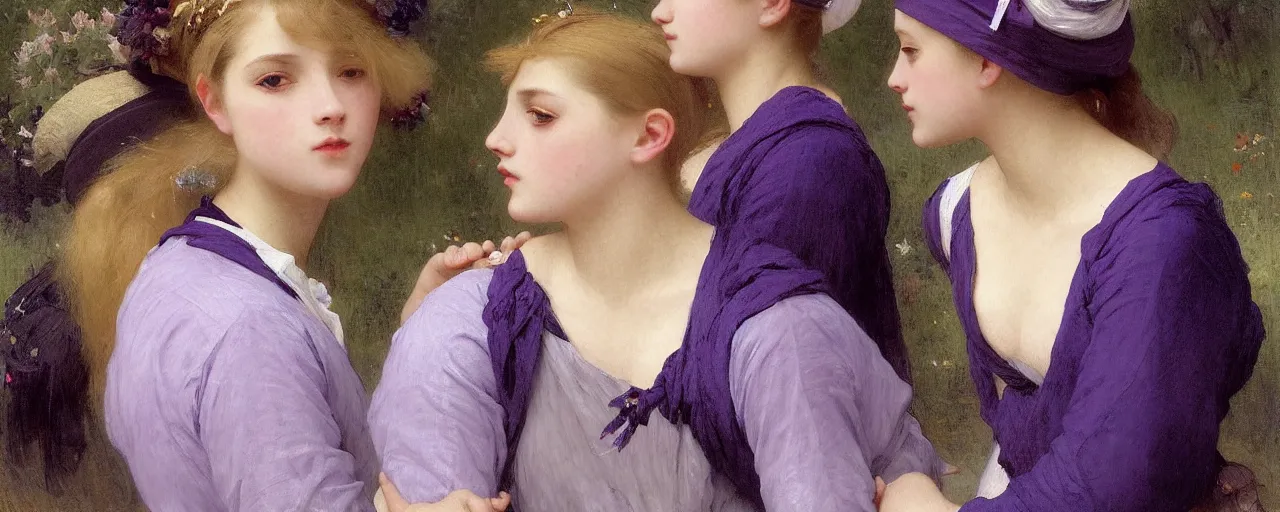 Prompt: A painting of many mysterious girls with short blond hair wearing an oversized purple Beret, Baggy Purple overall shorts, Short Puffy pants made of silk, silk shoes, a big billowy scarf, Golden Ribbon, and white leggings Covered in stars. Short Hair. Sunlit. Haute Couture.Art by william-adolphe bouguereau and Paul Delaroche and Alexandre Cabanel and Anna Dittmann and WLOP and Artgerm. Smooth. Elegant. Highly Detailed. Intricate. Dreamlike. Cloudscape. 4K. UHD. Denoise.