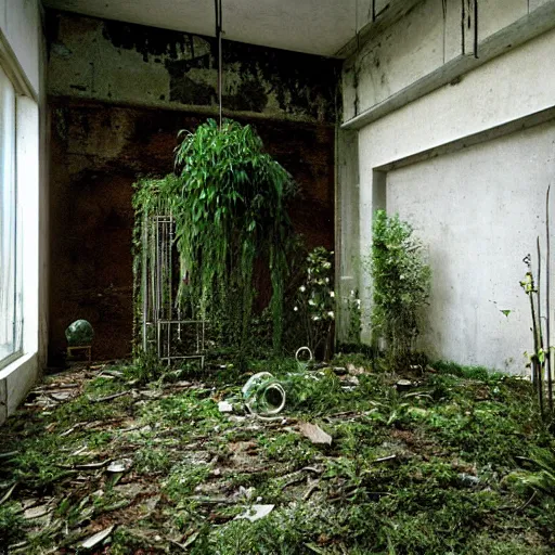 Prompt: an abandoned room in a concrete building, modern design, art deco, few overgrown plants, dreamy, overcast, by hans bellmer