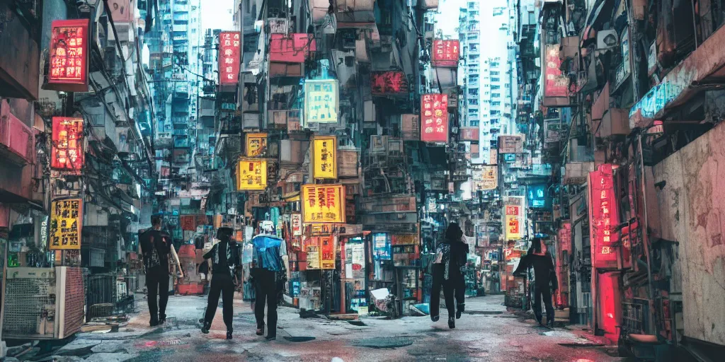 Image similar to a cyberpunk hong kong alley with robots and humans walking around by seerlight