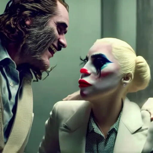 Image similar to ultra realistic candid from joaquin phoenix with lady gaga in new joker movie footage's, intricate details. sharp details