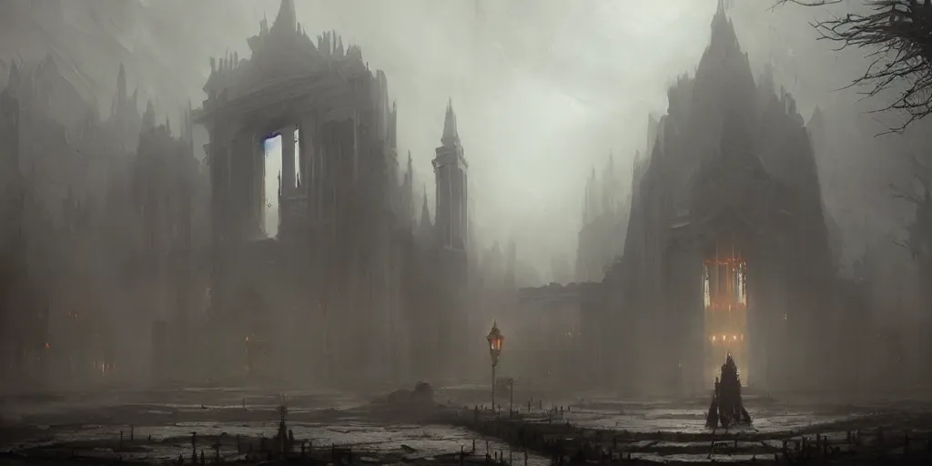 Image similar to Hyper realistic painting depicting temple of an eldrich god, horror, fog, dark fantasy, volumetric lighting, by greg rutkowski, trending on artstation