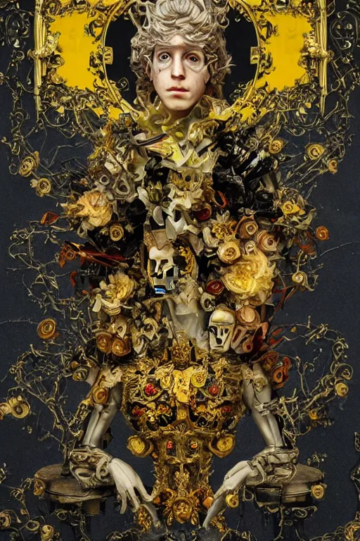 Prompt: full-body baroque and cyberpunk style sculpture of a young handsome Spanish prince half android with a chest opening exposing circuitry and electric sparks, glowing yellow laser eyes, crown of yellow roses, flowing teal-colored silk, fabric, flowers. baroque elements, human skull. full-length view. baroque element. intricate artwork by caravaggio. many many birds birds on background. Trending on artstation, octane render, cinematic lighting from the right, hyper realism, octane render, 8k, depth of field, 3D