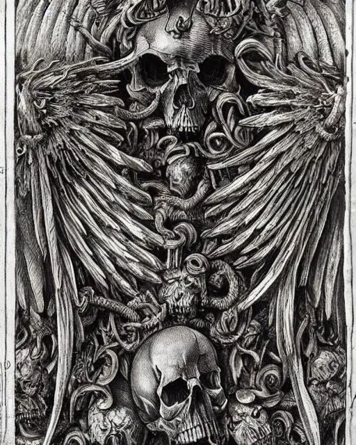 Image similar to gates of hell, skulls, wings, fine details, photorealistic, intricate complexity, extremely detailed, very sharp, in the style of albrecht durer,