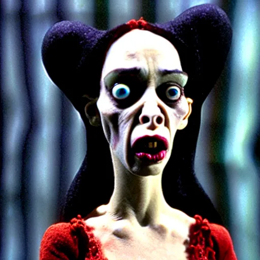 Image similar to claymation jacinda arden by jan svankmajer, hyperrealistic, very detailed, tim burton, 3 5 mm film still, gothic, horror, eldritch