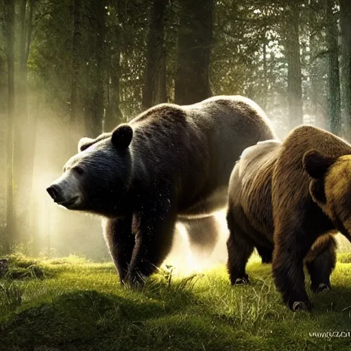 Prompt: a bear fighting a bull, magical forest, fantasy, Ireland, England, king Arthur, Lord of the rings, cinematic, realistic style, beautiful, majestic, dramatic lighting, early morning, dawn CGsociety, realistic, hyper maximalist, golden ratio, octane render, rule of thirds, wide shot , 8k resolution, epic volumetric light, cinematography, concept art, Artstation trending, environments, fantasy