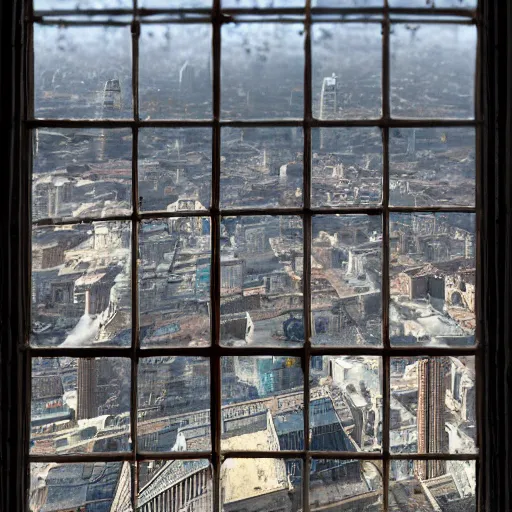 Prompt: a view out a of window of a large city made in the 1 8 0 0's building of many sizes, humans flying around the sky with jetpacks, wide shot, ambient occlusion, volumetric light, atmospheric haze, detailed world, detailed textures, photorealistic, small plant in window, reflection of creature in window