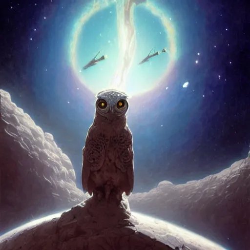 Image similar to An Alien Owl is sitting on an asteroid with a large magical Wormhole as the background, psychedelic art, cosmic, artstation, sci-fi fantasy, concept art, smooth, sharp focus, illustration, art by greg rutkowski and orientalism and bouguereau and Zdzislaw Beksinski, good clear quality, lighting, biology, symmetrical artwork, perfect face, 135 mm, cinematic, hyper realism, high detail, octane render, 8k, chrome accents