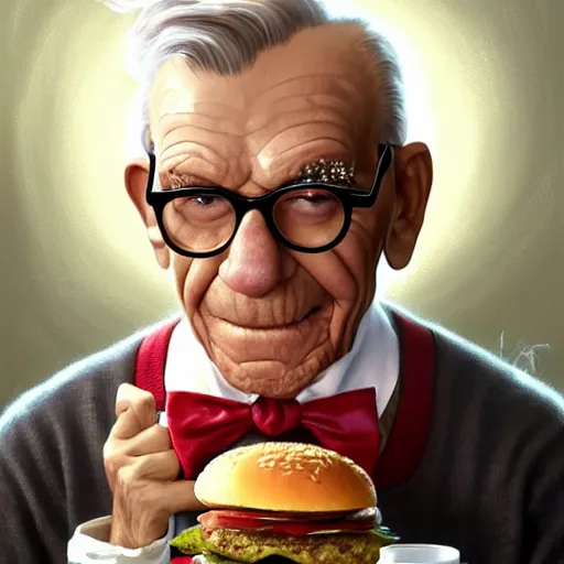 Image similar to portrait of george burns eating hamburgers, extra onions and ketchup, luscious patty with sesame seeds, feminine ethereal, handsome, d & d, fantasy, intricate, elegant, highly detailed, digital painting, artstation, concept art, matte, sharp focus, illustration, art by artgerm and greg rutkowski and alphonse mucha