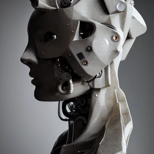 Image similar to a head and shoulders portrait of a female cyborg in her 20s, sculpture made of marble and aluminum, studio photography, cyberpunk lighting