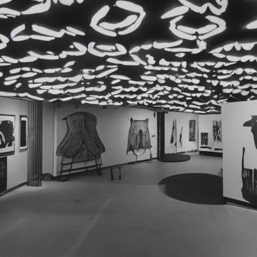 Image similar to A black and white screen print photography of gallery exhibition view from the 60s, neon light, anthropology, colonial, wild, exotic, masks, ethnography, screen printing