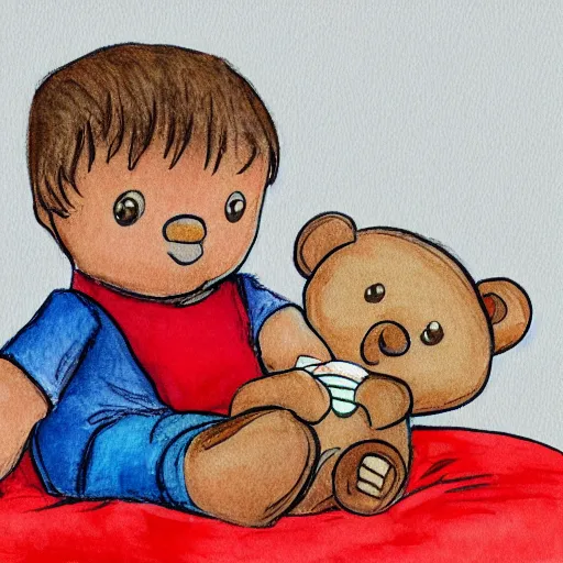 Image similar to little kid with red shirt in his room holding teddy bear in style ofwater colors illustration