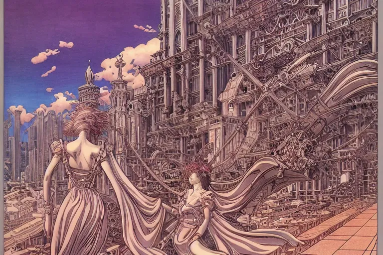 Image similar to late renaissance city on the coast, intricate linework, in the style of moebius, ayami kojima, 9 0's anime, retro fantasy