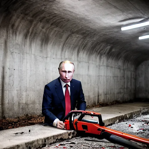 Image similar to putin with a chainsaw. in a concrete bunker with a pile of corpses. focus on putins face with blood splatters. canon eos r 3, f / 1. 4, iso 1 6 0 0, 1 / 8 0 s, 8 k, raw, grainy