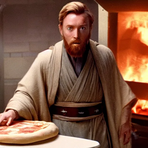 Image similar to A still of Alec Guinnes as Obi-Wan Kenobi making a pizza, 4k, photograph, ultra realistic, highly detailed, professional lighting