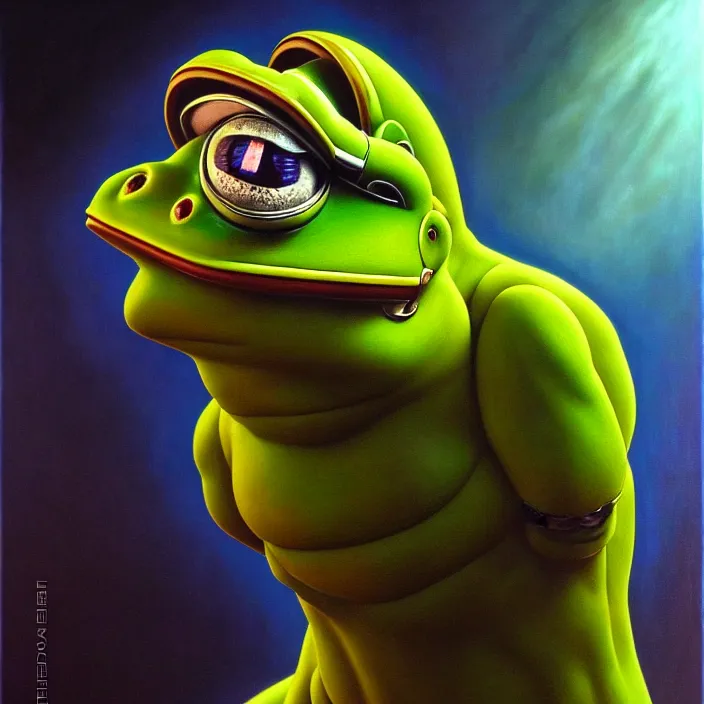 Prompt: cinematic bust portrait of pepe the frog from left, head and chest only, exotic alien features, robotic enhancements, desaturated, Tim Hildebrandt, Wayne Barlowe, Bruce Pennington, donato giancola, larry elmore, oil on canvas, masterpiece, trending on artstation, featured on pixiv, cinematic composition, dramatic pose, beautiful lighting, sharp, details, hyper-detailed, HD, HDR, 4K, 8K
