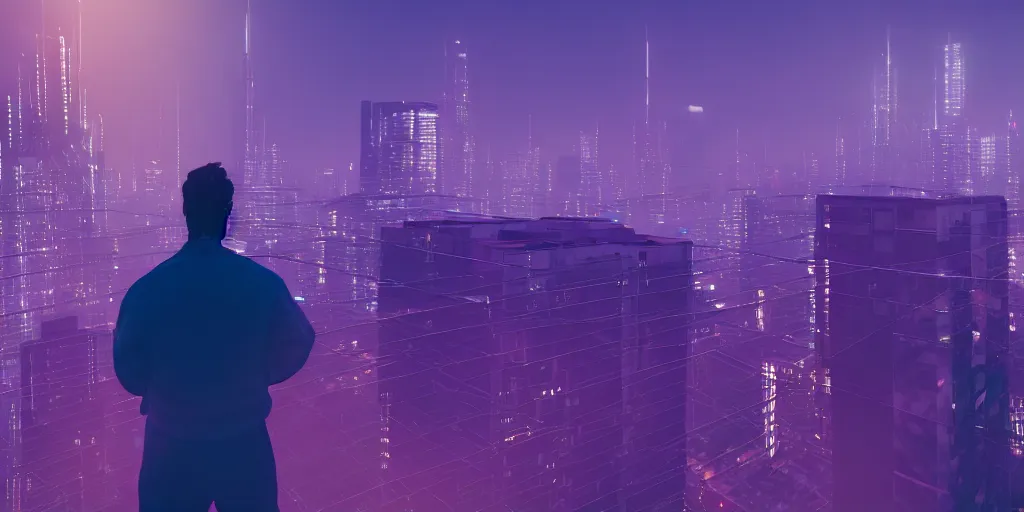 Prompt: a view of a man's back standing on top of a building, with purple - blue style cyberpunk city buildings in the background, volumetric light, cinematic, moody, octane render 4 k, 8 k