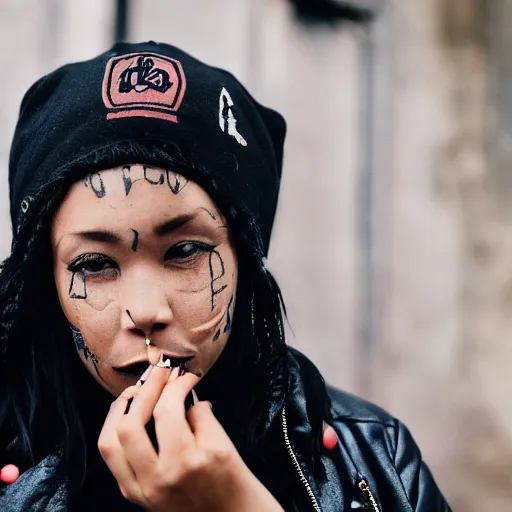 Image similar to photograph portrait of a mixed woman with face tattoos smoking a cigarette wearing a black beanie and black bomber jacket, urban environment, depth of field, 8k, hd, award-winning, 82 mm sigma