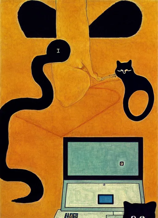 Image similar to creative python programmer with a computer and a cat in geometric harmony, by egon schiele and quint buchholz, portrait, colorful, escher++, detail