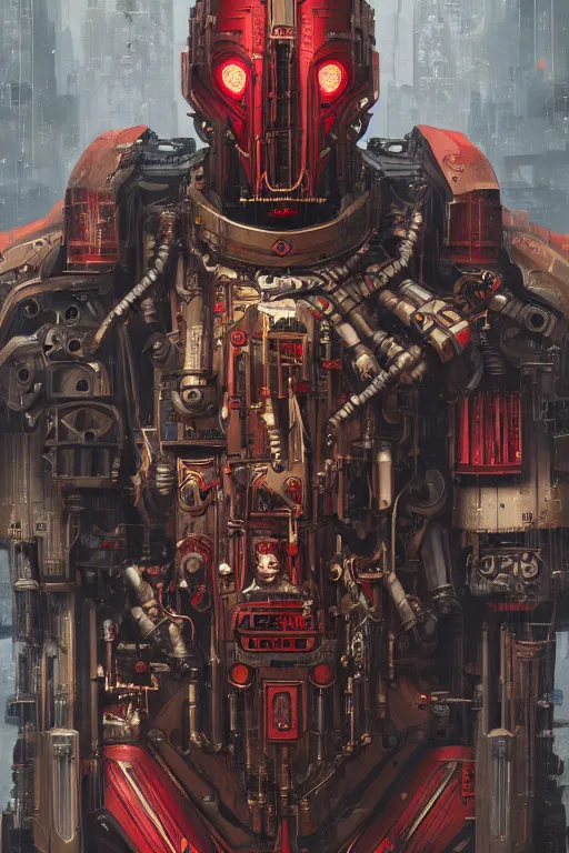 Image similar to portrait of adeptus mechanicus in red hood, cyborg, prist, cyberpunk, Warhammer 40000, highly detailed, artstation, illustration, art by Gustav Klimt