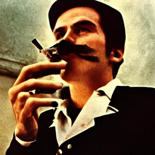 Prompt: Mario smoking in a french new wave film aesthetic