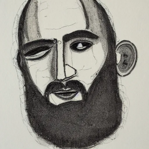 Image similar to portrait of bald bearded man with round face and blue eyes, minimalictic black and white art brut, ink, pencil