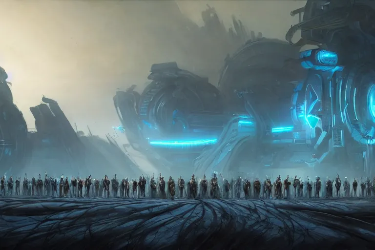 Image similar to a crowd of androids walking in a line along a spiral path towards an ancient alien portal, pilgrimage, in mad max style, stargate, coriolios rpg art style, full of details, dark sci - fi, cold blue colors, matte painting, artstation, 8 k, hyperrealistic, style of peter mohrbacher