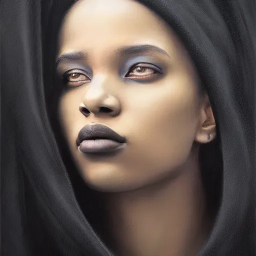 Image similar to a portrait of a young black woman wearing a long dark cloak, hood and shadows covering face, anatomically correct, beautiful perfect face, enigmatic, oil painting, matte painting, black background, Volumetric dynamic lighting, Highly Detailed, Cinematic Lighting, Unreal Engine, 8k, HD, by Beksinski