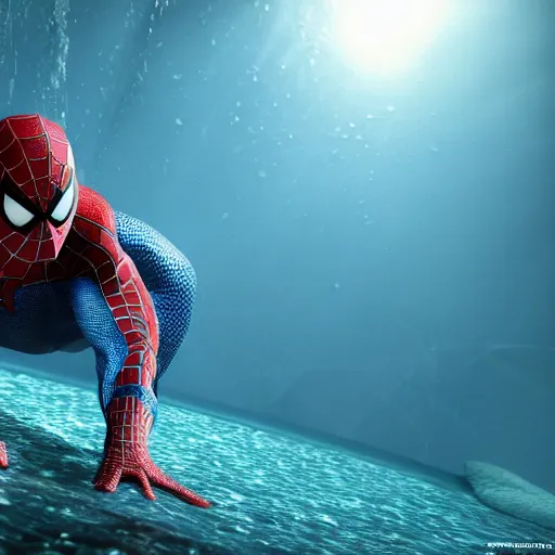 Prompt: spiderman underwater, 3 d render, unreal engine, octane render, ray tracing, unity, highly detailed, high quality, hd, 4 k, 8 k, realistic, sharp, trending