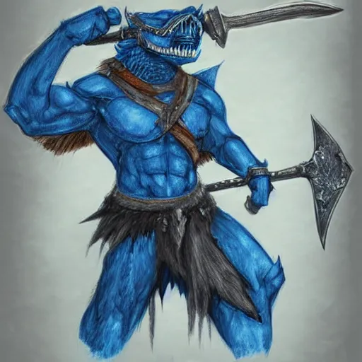 Image similar to fantasy concept art; portrait of a blue dragonborn wielding an axe; barbarian clothing; detailed sketch