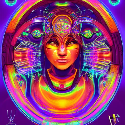 Image similar to portrait of a future metaverse tech Ayahuasca shaman warrior, 2D cartoon, visionary art, symmetric, Magick symbols, holy halo, shipibo patterns, sci-fi, concept art, trending on art station, 8k digital art